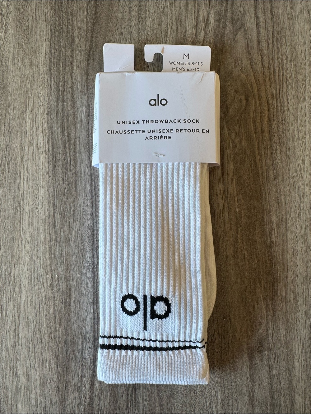 ALO Yoga White Athletic Ribbed Crew Socks with Black Logo